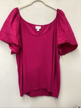 Ava & Viv Fuchsia Ribbed Scoop Neck Top with Puff Sleeves